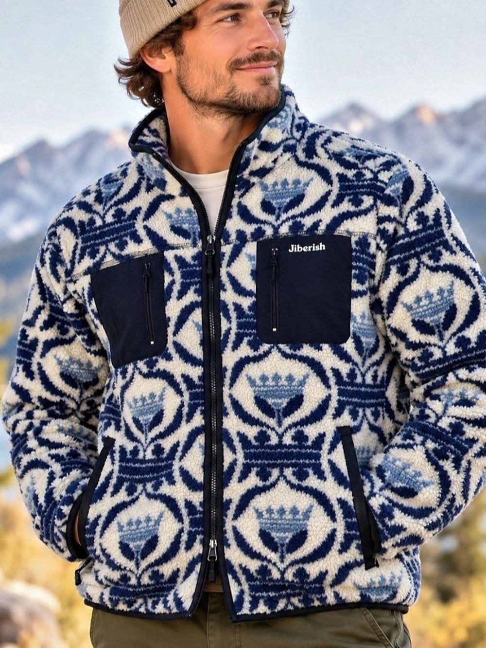 Jiberish Men’s L Sherpa Fleece Jacket Blue Floral Two-Way Zip Streetwear89